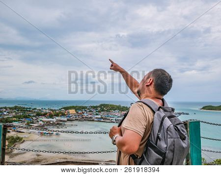 Asisn Fat Backpacker Stand On Top Of  Khao Ma Jor Pier  With Idyllic Ocean Beautiful White Cloud End