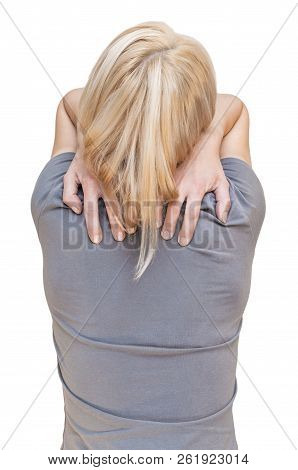 Back Portrait Of Blonde Woman Touching Back With Two Hands. Rear View Cut Out On White Background.