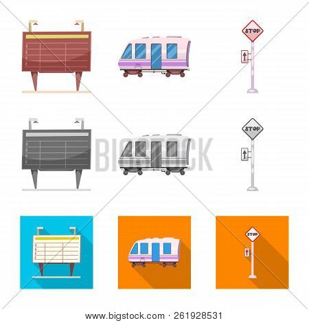 Vector Design Of Train And Station Sign. Set Of Train And Ticket Vector Icon For Stock.