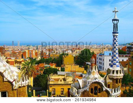 Park Guell In Barcelona, Spain.  Panorama Of City Of Barcelona