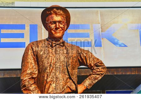 Hustopece, Czech Republic - October 7, 2018: Cupreous Painted Artist Like Living Statue Dressed Like