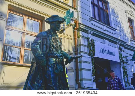 Hustopece, Czech Republic - October 7, 2018: Cupreous Painted Artist Like Living Statue Dressed Like