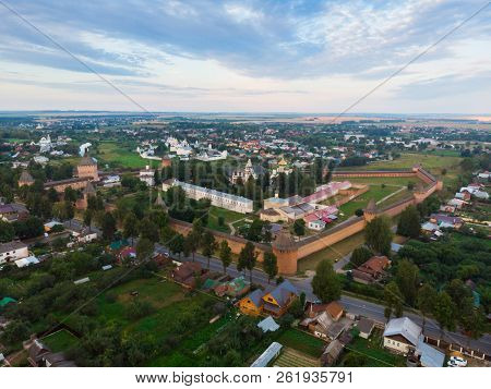 Scenic Panoramic View Of Suzdal, Russia. St Euthymius Monastery At The Small River. Suzdal Is A Famo