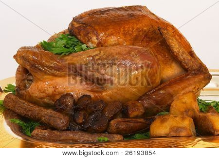 Arrosto di Turchia, vista frontale, con passamaneria su un vassoio d'argento e dorato.