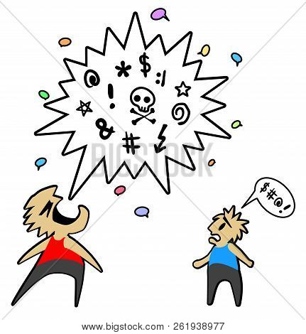 Conversation Swearing Two People Cartoon Color Drawing, Vector Illustration, Horizontal, Over White