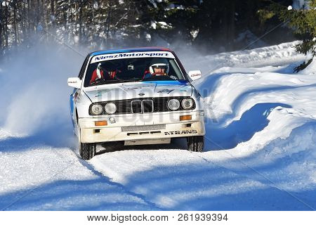 Covasna, Romania - January 14-15, 2017: Unknown Pilots Competing In Winter Rally Covasna 2017 On Jan
