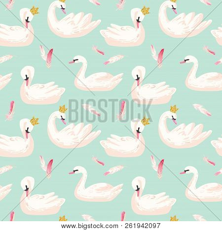 Beautiful Seamless Pattern With White Swans And Pink Feathers, Use For Baby Background, Textile Prin