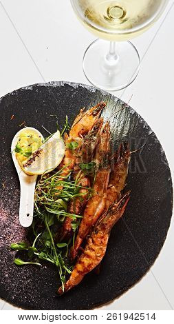 Grilled Shrimp Skewers. Seafood, Shelfish. Shrimps Prawns Skewers With Herbs, Garlic And Lemon.