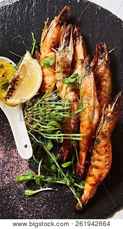 Grilled Shrimp Skewers. Seafood, Shelfish. Shrimps Prawns Skewers With Herbs, Garlic And Lemon.