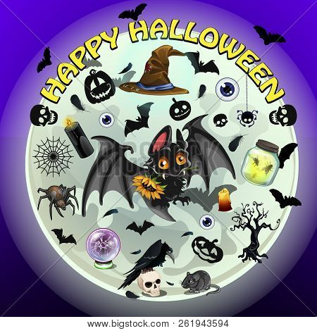 Poster On Theme Of The Halloween Holiday Party. Cute Bat On Background Of The Full Moon And Attribut
