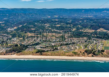 The Aerial View Of California Coast With The City Of Aptos, Close To The City Of Santa Cruz.