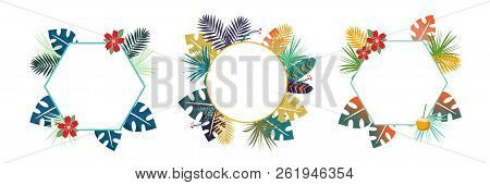 Tropical Background Set With Colorfull Troical Leaves. Herbal Design With Plants For Cards, Invitati