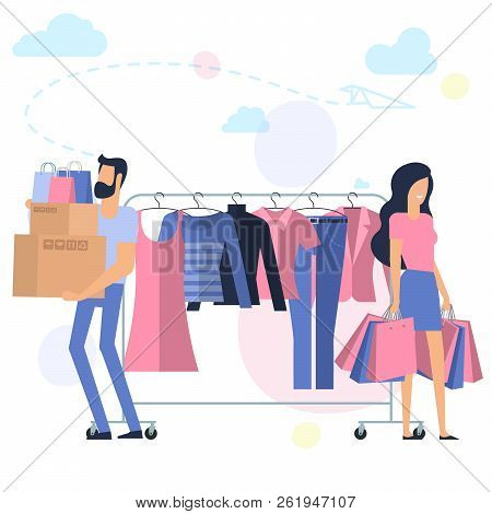 Yong Man And Woman At Shopping. Flat Desin Pink And Blue Vector Concept. Ready For Animation Charact