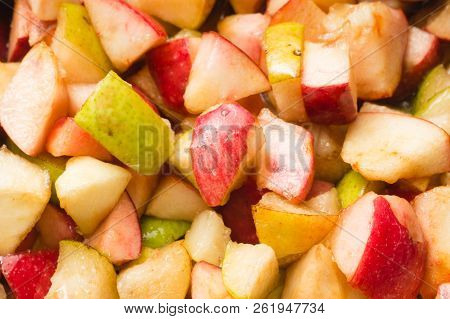 Ripe Apples And Pears Cooked In Sugar Syrup. Process Of Making Jam Marmalade At Home.