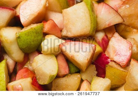 Apple And Pears Pieces, Sugar And Syrup In Pan, Ready For Boiling. Homemade Red Apple And Pears Jam,