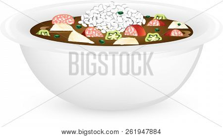 Illustration Of A Bowl Of Chicken And Sausage Gumbo With Rice.