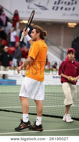zypriotische Tennis Sterne Marcos Baghdatis in Katar offen, 1 Januar, 07, feiert seinen Sieg über phil