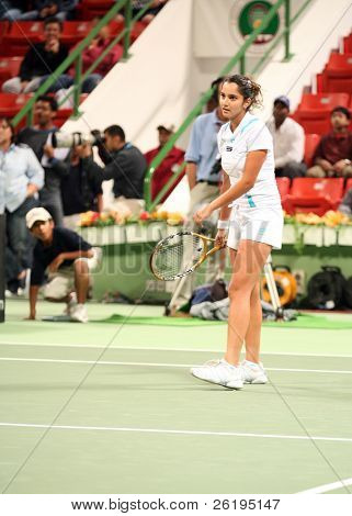 Indická tenisová hvězda Sania Mirza hrál v prvním kole turnaje Katar Open ATP, únor