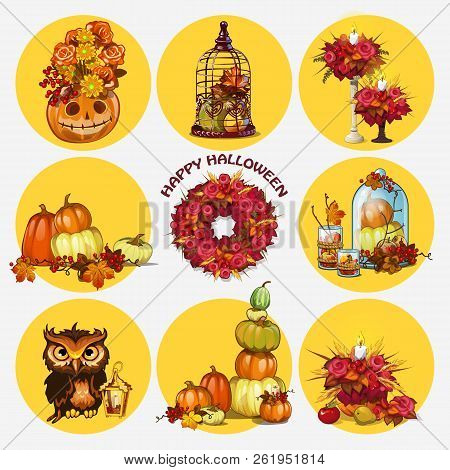 Set Of Ripe Pumpkins, Wreath Of Dried Flowers, Owl, Candleholder. Attribute Of The Holiday Of Hallow