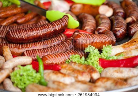 Delicious Grilled Sausages And Vegetable. Delicious Food.