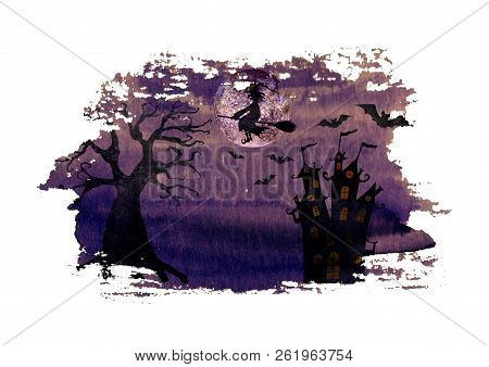 Halloween Background With Silhouettes Of Wicked Witch Flying On Broom, Terrible Dead Tree, Castle, B