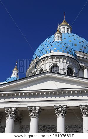 Facade With Blue Domes & Crosses. Trinity Izmailovsky Cathedral. Cathedral Of The Holy Life-giving T