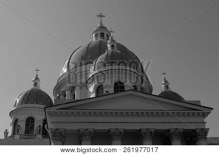 Facade With Blue Domes & Crosses. Trinity Izmailovsky Cathedral. Cathedral Of The Holy Life-giving T