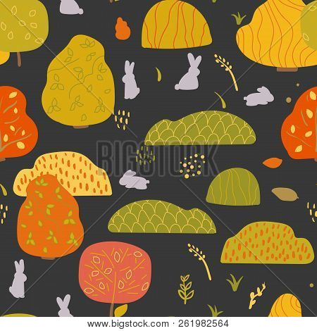 Seamless Background With Stylized Trees. Forest Bright Pattern