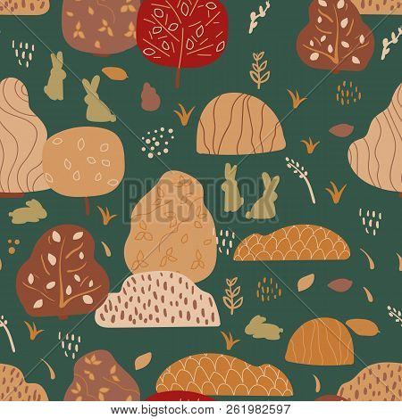 Seamless Background With Stylized Trees. Forest Bright Pattern