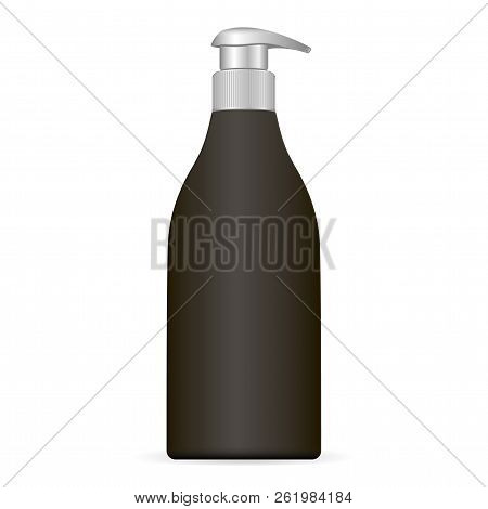 Black Plastic Cosmetic Bottle With Silwer Cap Isolated On White Background. Package With Pump Dispen