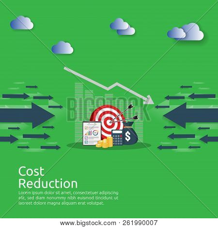 Business Finance Crisis Concept. Stack Pile Coins And Money Bag Icon. Arrow Decrease Economy Stretch