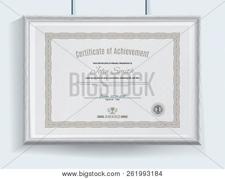 Official Grey Vector Certificate With Brown Guilloche Broder And Realistic Grey Border Hanging On Th