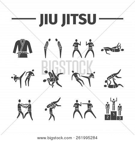 Jujutsu Martial Art Icons. Vector Sports Signs.