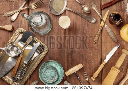 An Overhead Photo Of Many Vintage Kitchen Objects And Cutlery From An Old Restaurant, Flea Market St