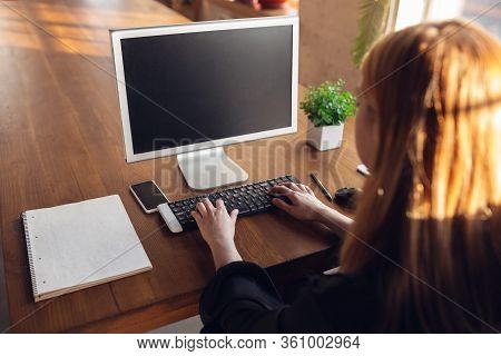 Typing Text, Copyspace. Caucasian Young Woman In Business Attire Working In Office. Young Businesswo