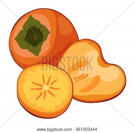 Vector Illustration Of Ripe Juicy Yellow Fruits. Round Orange Persimmon With Green Leaves. Close Up 