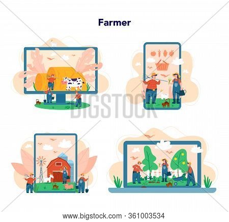 Farmer Online Service Or Platform On Differernt Device Concept Set.