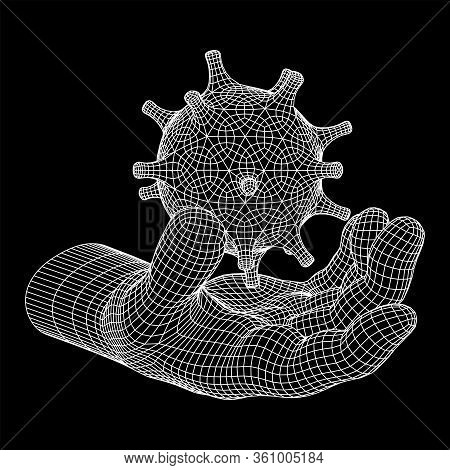 Human Arm Hand With Corona Virus Virion Of Coronavirus. Connection Structure. Vector Low Poly Wirefr