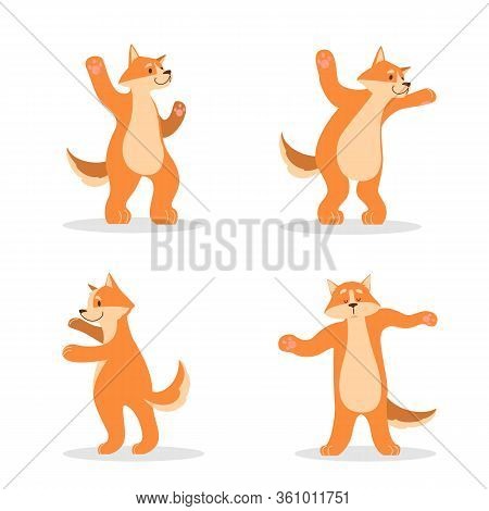 Happy Ginger Dog Dancing. Cute Shibu Inu Dancing Pose Set.