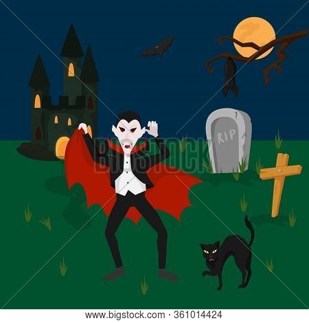 Vampire In Cemetery, Dark Horror Place, Black Cat And Sepulchre, Flat Vector Illustration. Ancient D