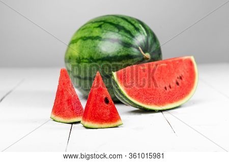 Watermelon,fresh  Watermelon Slices Against Wood White Backgroundbackground