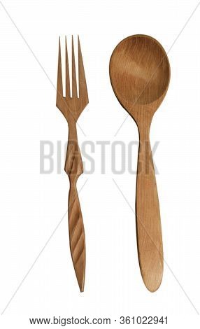 Wooden Spoon And Fork Isolated On White Background. Antique Kitchen Utensils, Cutlery.