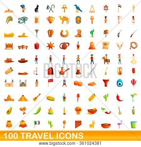 100 Travel Icons Set. Cartoon Illustration Of 100 Travel Icons Vector Set Isolated On White Backgrou
