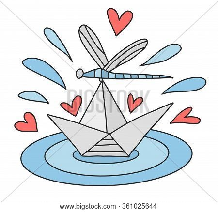 Origami Paper Boat Floats In A Puddle. Children S Fun, Game, Entertainment. Dragonfly Is Sitting On 
