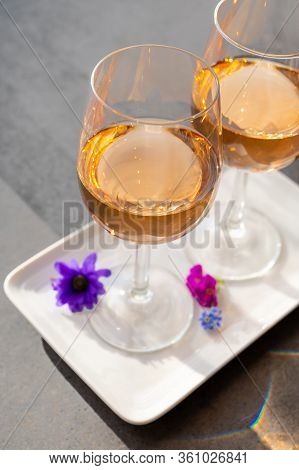 French Rose Wine From Provence In Two Glasses In Spring Sunny Day