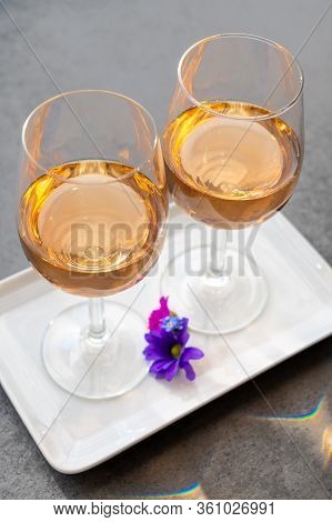 French Rose Wine From Provence In Two Glasses In Spring Sunny Day