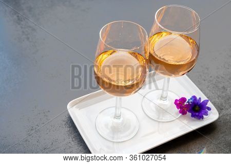 French Rose Wine From Provence In Two Glasses In Spring Sunny Day