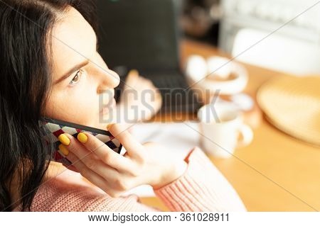 Young Woman Works From Home, Concept Of Remote Work, Work On The Internet, Stayed At Home