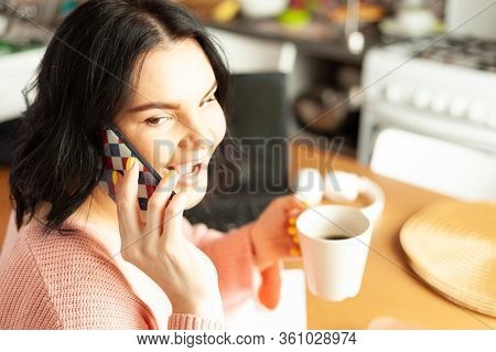Young Woman Works From Home, Concept Of Remote Work, Work On The Internet, Stayed At Home