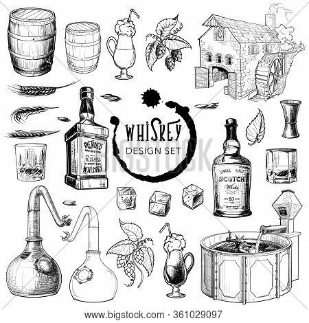 Whiskey Related Design Elements Set. Useful For Bar Pub Or Distillery Branding And Decoration. Hand 